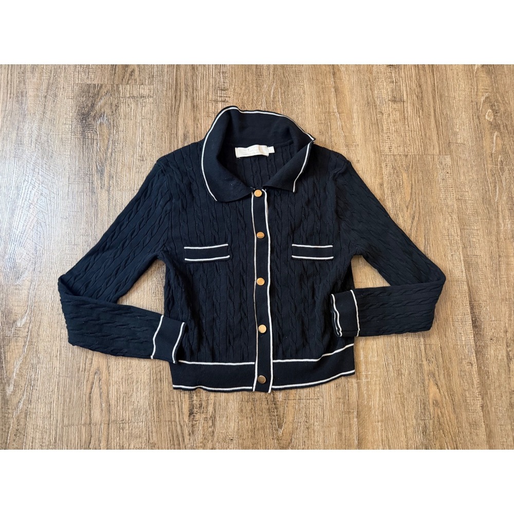 Lizette Collection Black Cable Knit Cardigan Gold Button Polo Sweater Large